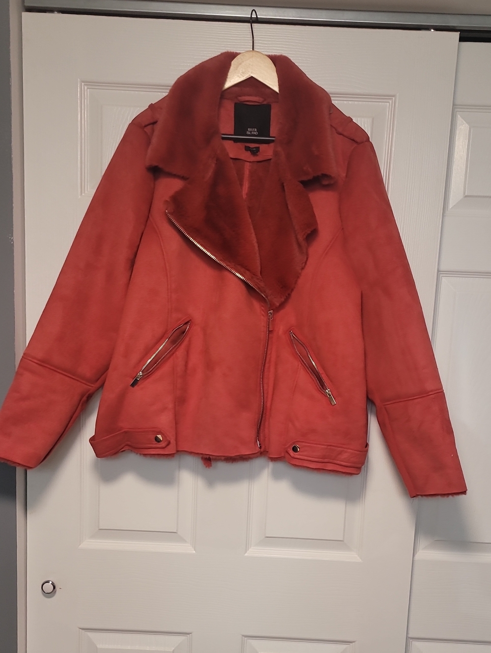 River Island Rust Orange Faux-Suede Moto Jacket with Shearling Collar